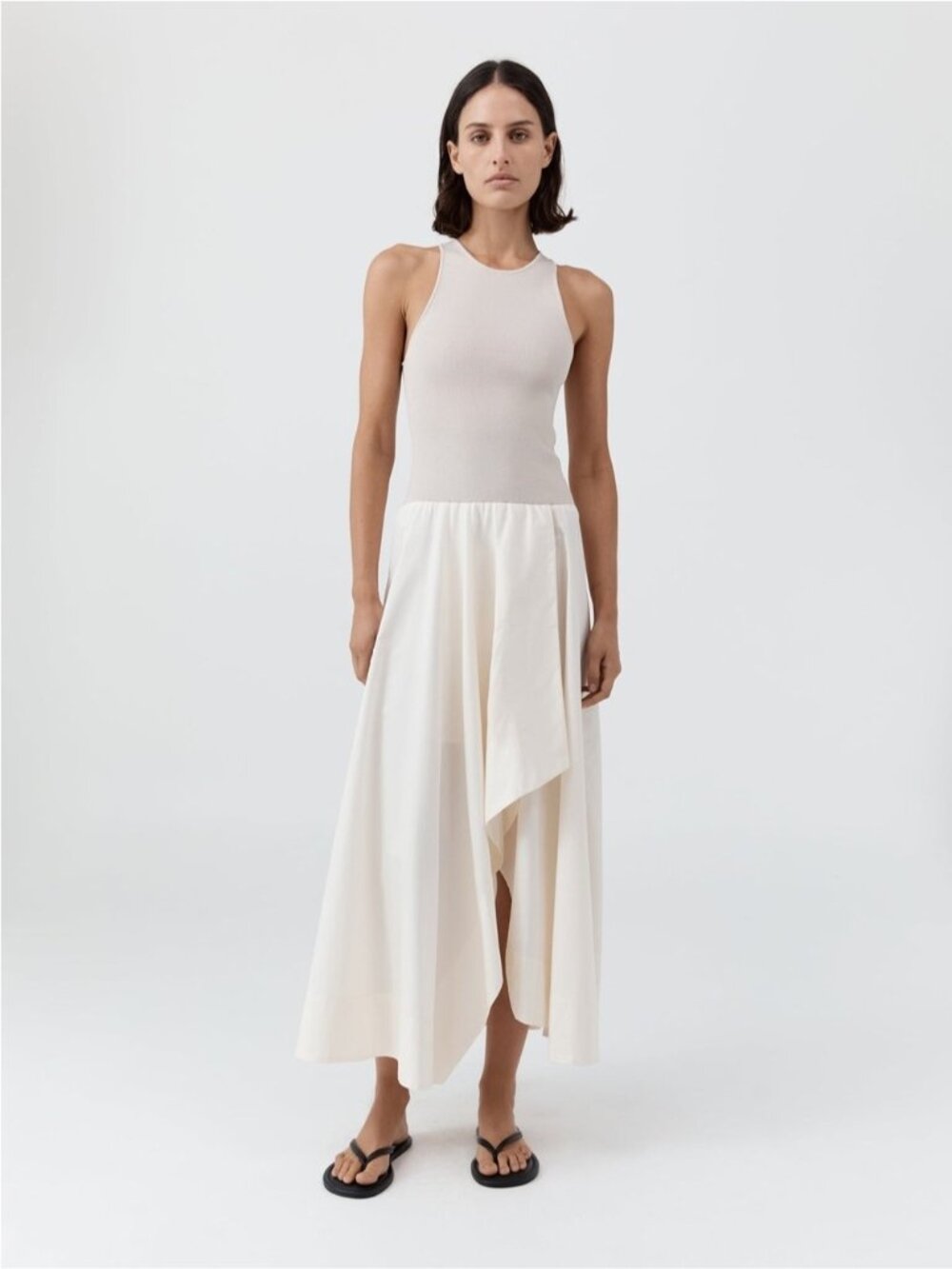 St. Agni Knit Bodice Asymm Maxi Dress Poplin Cotton - White Ivory | US XS